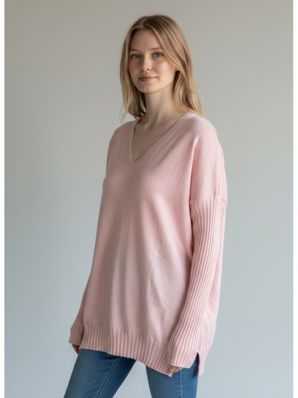 Metric Knits V-Neck Pullover Sweater in Blush Pink
